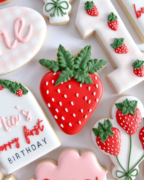 It’s Mia’s berry first birthday 🍓 Strawberry balloons inspired by @francescasfrosting ✨ . . . . #strawberry #strawberries #berryfirstbirthday #berryfirstbirthdaycookies #cookies #customcookies #sugarcookies #customsugarcookies #decoratedsugarcookies Strawberry Themed 1st Birthday Desserts, Strawberry Theme Sugar Cookies, Strawberry 1st Birthday Cookies, Berry 1st Birthday Cookies, Strawberry Sugar Cookies Decorated, Strawberry Decorated Cookies, Strawberry Cookies Decorated, Berry First Birthday Cookies, Strawberry Balloons