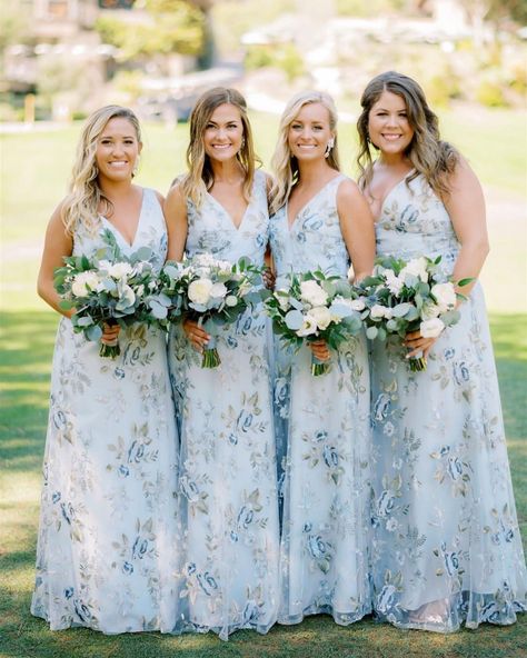 Adorable Blue Bridesmaid Dresses For Your Girls ★ blue bridesmaid dresses long with floral appliques rustic jennyyoonyc Blue Floral Bridesmaid Dresses, Bridesmaid Dresses Blue, Patterned Bridesmaid, Patterned Bridesmaid Dresses, Bridesmaids Dress Inspiration, Floral Bridesmaid Dresses, Dresses By Pattern, Floral Bridesmaid, Bella Bridesmaid