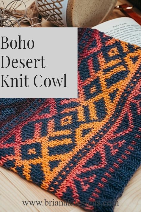 The Boho Desert Knit Cowl Pattern mimics the colors and shapes in the desert. This fair isle colorwork pattern uses two strands of yarn. Yep, only two strands! The Knit Picks Chroma Fingering Yarn takes care of the colorwork for you. This is a great beginner knit project in exploring colorwork. This pattern includes not only written instructions but a chart and color block instructions as well. #cowl #colorwork #knit Mexican Knitting Patterns, Knitting Colorwork Beginner, Colorwork Cowl Knitting Patterns, Color Work Crochet, Color Knitting Patterns, Colorwork Knitting Charts, Colorwork Cowl, Knitting Colorwork, Two Color Knitting Patterns