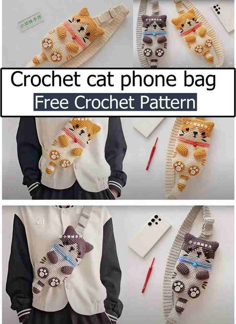 Crochet Phone Carrier, Crochet Gifts For Cat Lovers, Crochet Cat Bag Pattern, Cat Bag Crochet Free Pattern, Crochet Cat Bag Pattern Free, Crochet Phone Bag Free Pattern, Phone Bag Crochet Pattern, Crochet Cat Bag, Cat Bag Pattern