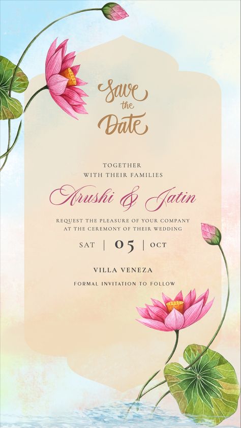 🌸 Embrace the serenity of the Lotus-inspired invite, where elegance and tranquility intertwine. Join us for an unforgettable event that blossoms with joy and beauty. 🌸 #LotusLove #EleganceUnfolded #InspiredInvitation Pichwai Theme Wedding Invite, Lotus Invitation Card, Lotus Wedding Invitation, Indian Wedding Invitation Cards Template, Wedding Invite Background, Hindu Wedding Invitation Card Design, Wedding Invitation Cards Elegant, Indian Wedding Invitation Templates, Save Date Wedding