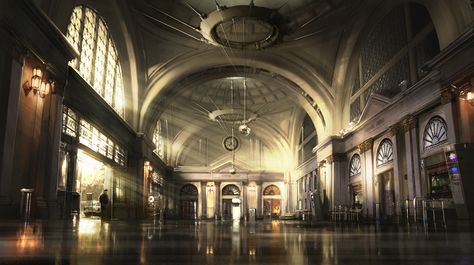 Station Foyer by *atomhawk on deviantART World Of Tomorrow, World Of Darkness, Virtual Museum, Futuristic City, 1930s Art Deco, Retro Futurism, Dieselpunk, Environmental Art, Fantasy Landscape