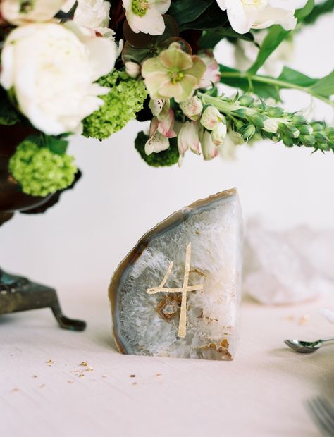 Elegant Agate Inspired Wedding Ideas via oncewed.com Table Numbers Wedding Diy, Diy Table Numbers, Geode Wedding, You Are My Moon, Gold Table Numbers, Creative Tables, Preowned Wedding Dresses, Leaf Table, Wedding Table Numbers