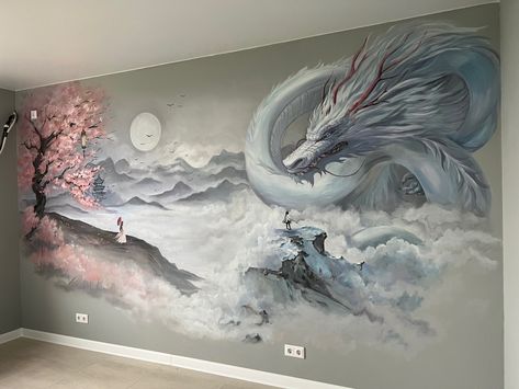 Hand Painted Murals For Home Bedroom, Murals Art Ideas, Dragon Paintings Acrylic, Fantasy Wall Murals Painted, Dragon Mural Paintings, Mural Art Bedroom Ideas, Dragon Wall Painting, Wall Design Drawing, Dragon Acrylic Painting