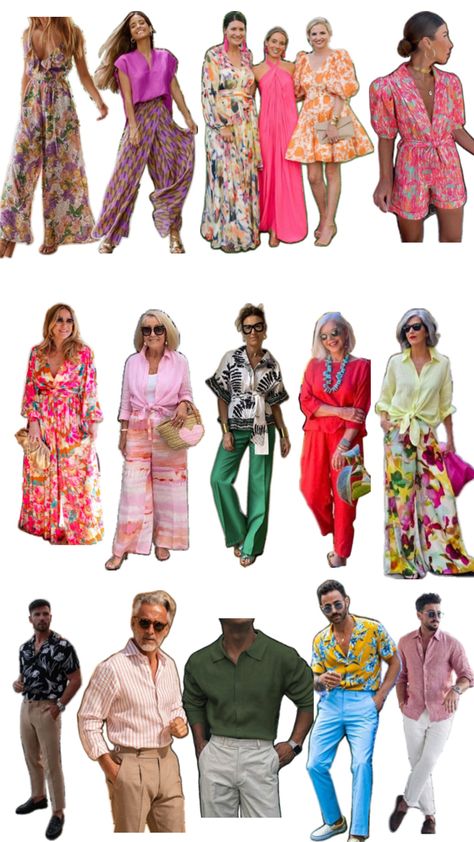 Colourful Wedding Guest Outfit, Cuban Party Outfit, Tropical Wedding Guest Outfit, Men’s Tropical Wedding Outfit, Late Summer Wedding Guest Outfit, Aloha Party Outfit, Dress Code Wedding Tropical Palette Invite, Colorful Wedding Guest Outfits, Wedding Guest Color Dress Code Invite