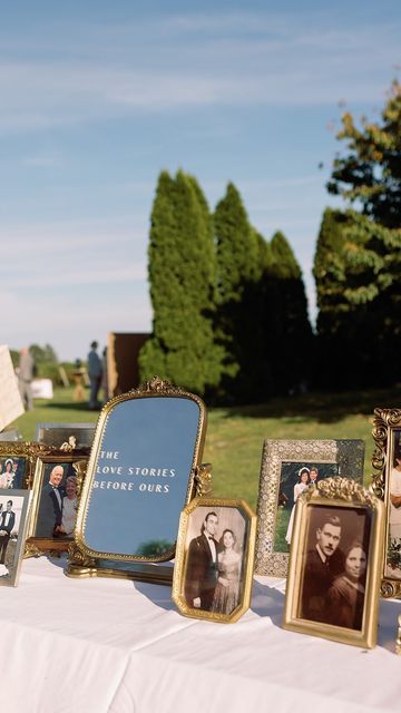 Marina | MK Creative on Instagram: "One of my favorite wedding day details 🤍🪞✨ Planning + Design: @wildheightsevents Cover photo: @rachel_joy_monet Content: @empirecontentcreation #vintagewedding #generationsoflove #weddinginspo #weddingdetails #weddingdecor #weddingdetail #weddingideas #weddingidea #weddinginspiration #lovestories #vintageframes #vintageweddings #vintageweddingdecor #uniqueweddingideas" Cool Things At Weddings, Unique Classy Wedding Ideas, Simplistic Boho Wedding, Wedding Theme Ideas Vintage, Photo Wedding Decorations, Small Wedding Aesthetic Ideas, Unique Wedding Ideas Aesthetic, Photo Frame Table Plan, Wedding Interesting Ideas