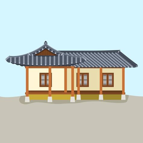 Drawing Ideas Korean, Traditional House Design, Hanok House, Korean Traditional House, Korean House, House Design Drawing, Building Vector, House Cartoon, Building Illustration