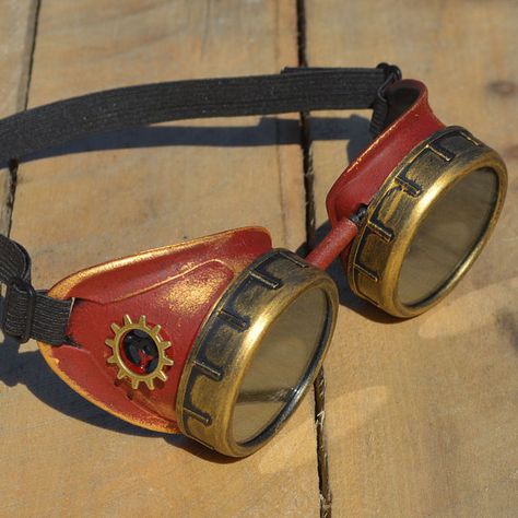 Red and Gold Goggles with Gold Gear Steampunk by TheGoggleShop Mei Hatsume Cosplay, Red Goggles, Dystopian Apocalypse, Steam Punk Fashion, Yellow Aesthetics, Apocalypse Au, Gold Dust Woman, Steampunk Goggles, Gold Dust