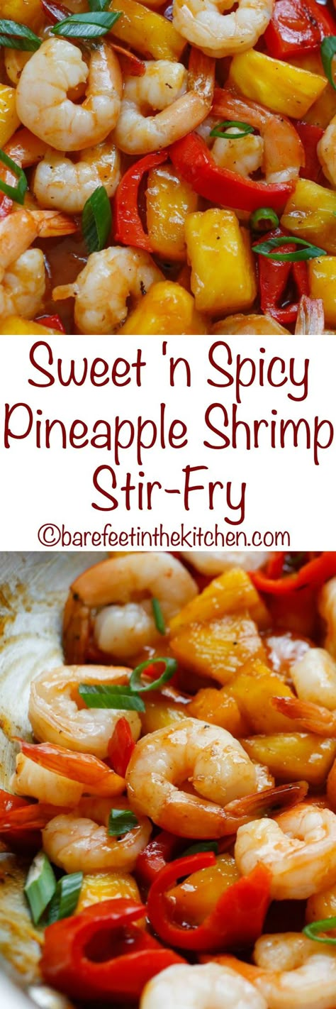 Sweet and Spicy Pineapple Shrimp Stir Fry - get the recipe at barefeetinthekitchen.com Dinner Stir Fry, Stir Fry Ideas, Fry Ideas, Shrimp Bbq Recipes, Pineapple Shrimp, Spicy Pineapple, Recipes Shrimp, Shrimp Stir Fry, Mapo Tofu