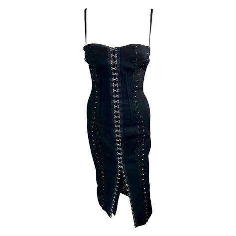 Dolce & Gabbana Corset Bustier Bra Bodycon Hook and Eye Black Dress | See more vintage Evening Dresses and Gowns at https://www.1stdibs.com/fashion/clothing/evening-dresses in 1stDibs Hook And Eye Dress, Silver Corset Dress, Jersey Evening Dress, Girls Couture, Vintage Corset, Corset Bustier, Dolce Gabbana Dress, Boucle Jacket, Chic Leather