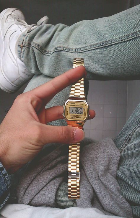 // Gold Casio my new trend for 2014 - Anky <3 Men Casio Watch, Casio Gold Watch Men, Men’s Gold Watch, Gold Casio Watch, Casio Gold Watch, Classic Watches For Men, Casio Digital Watch, Gold Watches For Men, Casio Vintage Watch