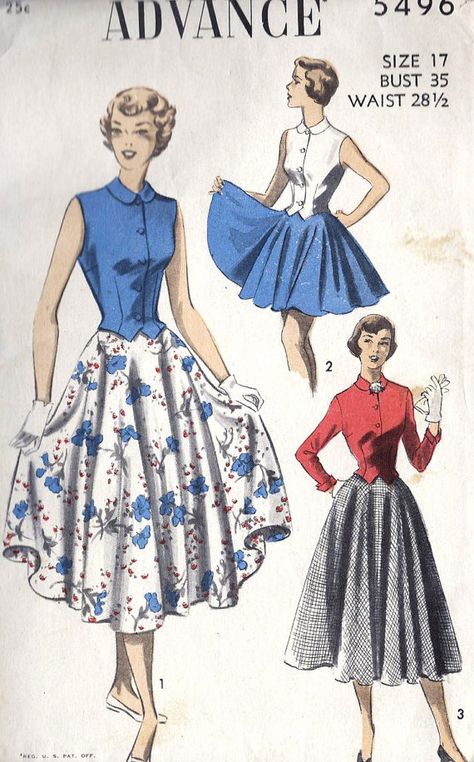 1950s Skirt and Blouse 1950s Skirt, Circular Skirt, Patron Vintage, Retro Sewing Patterns, Pattern Dress Women, Vintage Dress Patterns, Full Circle Skirt, Blouse Sleeveless, Womens Sewing Patterns