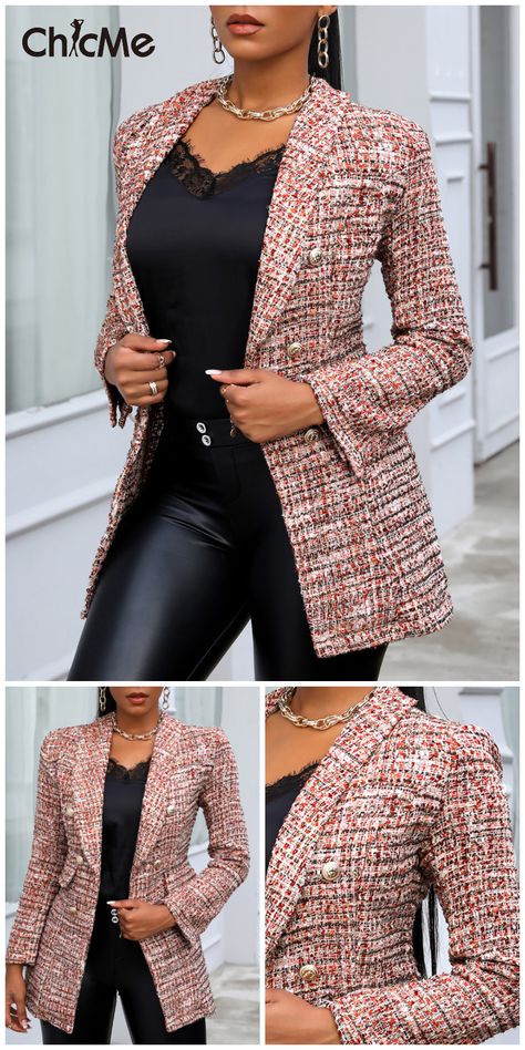 Tweed Colorblock Button Design Blazer Coat Corporate Jackets For Women, Blazer Designs Women Fashion, Tweed Blazers For Women, Fancy Blazers For Women, Fancy Blazer Outfits, Stylish Blazers For Women Classy, Ladies Jackets Classy Blazers, Blazer Tweed Outfit, Tweed Jacket Outfit Women