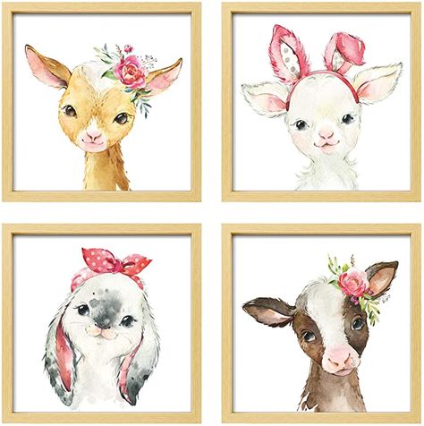 Amazon.com: ArtbyHannah Framed Woodland Baby Girl Nursery Wall Art Decor with 10x10 Frames and Decorative Watercolor Cute Safari Animals Prints for Kids Playroom,Toddler Room Decoration, Set of 4, Light-Wood : Baby Bunnies Nursery, Animal Wall Art Prints, Girl Nursery Wall Art, Nursery Frames, Baby Girls Room, Baby Room Themes, Woodland Animal Prints, Girl Nursery Wall