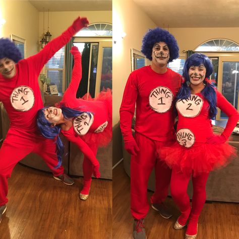 Thing 1 thing 2, and thing 3. Pregnant couple costume. Thing 1 Thing 2 Costume Couple, Thing 1 Thing 2 Costume, Thing 2 Costume, Thing One And Thing Two, Costume Couple, 2023 Ideas, Halloween Couple, Thing One, Couple Costume