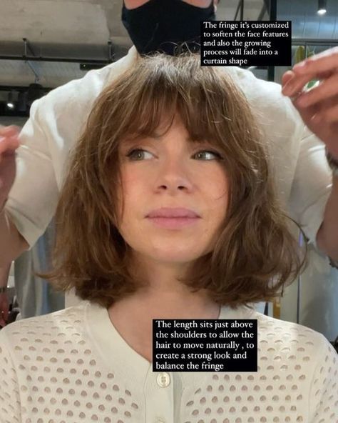 DAVID G on Instagram: "“The Tina” haircut! A unique beautiful Bob shape with the DNA characteristics 🧬 which in this case are: •heavy outline •controlled separation •customised fringe •personalised face framing Sorry @justyna_oc for sticking the camera into your face but I had to capture this gorgeous look on you🙏🏼 David G @justyna_oc @hershesons #Tinahaircut #dnabob #dnahaircut #bobhaircut #fringe #bangs #letitdry #hershesons #homemadeinhershesons #curtainbangs #taghaircut #theantigra Bob And Bangs Round Face, Heavy Bob With Bangs, Face Shape Bangs Guide, Heavy Framing Fringe, Balayage Bob With Fringe, Framing Bangs Short Hair, Square Face Fringe, Bob With Bangs Square Face, Thick Short Bangs