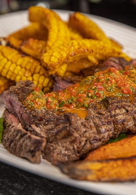 Chargrilled Bavette Steak with Sweet Potato Wedges, Sweetcorn Ribs & Chimichurri Rojo - Ainsley Harriott Sweetcorn Ribs, Ainsley Harriot, Crunchy Stuffing, Bavette Steak, Baked Scalloped Potatoes, Roasted Vegetable Couscous, Broccoli Gratin, Rolled Roast, Vegetable Couscous