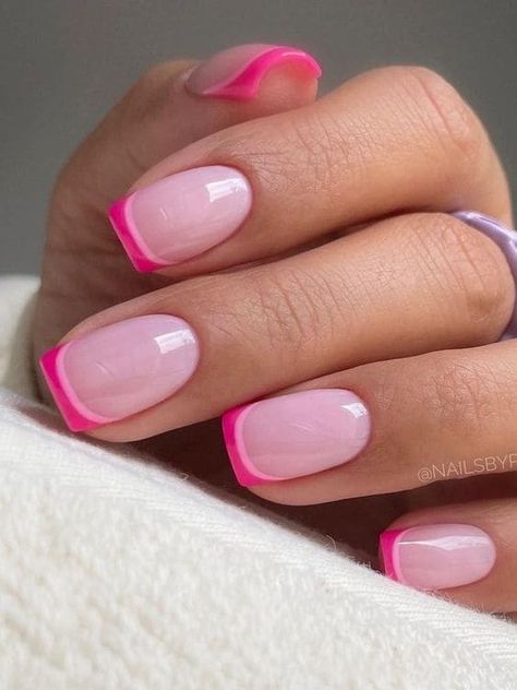 Summer 2024 French Tip Nails, Double Pink Nails, Hot Pink Double French Nails, Blue French Tip Summer Nails, Double Pink French Tip Nails, Pink Double French Nails, French Nails Hot Pink, Short Nails Hot Pink, Barbie Pink Acrylic Nails Designs