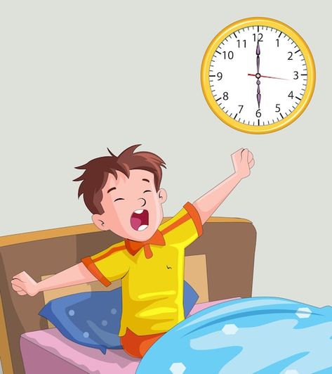 Cute boy waking up in morning | Premium Vector #Freepik #vector #kids-routine #clock-cartoon #cartoon-boy #routine Wake Up Pictures Mornings, Morning Wake Up, Waking Up Cartoon, Wake Up Cartoon, Morning Activities For Kids, Picture Of Good Morning, Wake Up Illustration, Morning Cartoon Images, Cartoon Good Morning