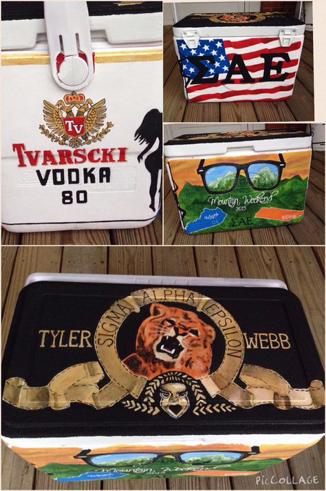 Sae Formal Cooler, Pike Cooler Ideas Fraternity, Formal Cooler Ideas Fraternity, Frat Formal Coolers Funny, Sigma Nu Frat Cooler, Nola Formal, Hand Painted Coolers, Sigma Alpha Epsilon Cooler, Painting Coolers For Guys Fraternity