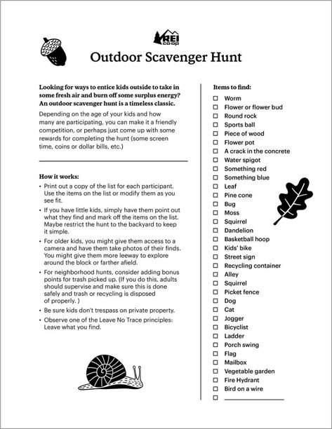 Outdoor Scavenger Hunt for Kids - REI Co-op Journal Scavenger Hunt Ideas For Adults, Outdoor Scavenger Hunt For Kids, Nature Scavenger Hunt Printable, Scavenger Hunt Ideas For Kids, Picture Scavenger Hunts, Fun Printables For Kids, Scavenger Hunt Riddles, Outdoor Scavenger Hunt, Fall Scavenger Hunt