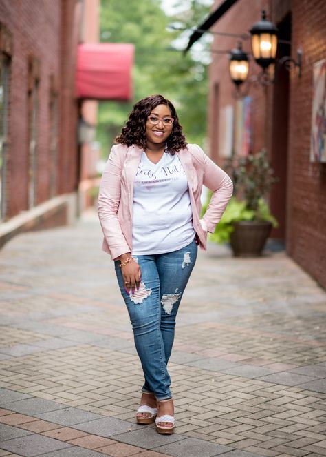 Plus Size Fashion Branding Photoshoot | Denise Benson Photography | Jeans and Blazer | Casual Style | Mom Style | Boss Mama | Pink Blazer | Distressed Jeans Business Photoshoot Plus Size, Plus Size Business Photoshoot, Plus Size Personal Branding, Brand Photoshoot Ideas Plus Size, Branding Photoshoot Plus Size, Professional Headshots Women Outfit Plus Size, Outside Branding Photoshoot, Plus Size Professional Photoshoot, Lifestyle Headshots Women Plus Size