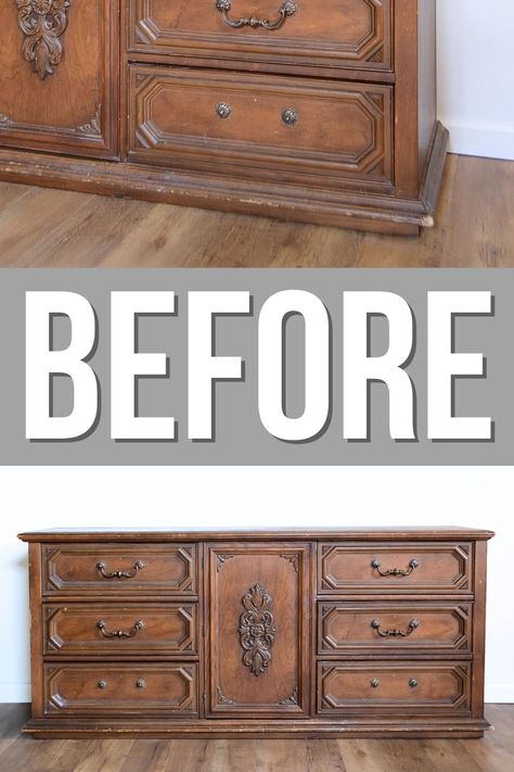 Learn the easy way on how to add legs to a dresser, including tips on where to buy legs for furniture and painting a dresser. Add Legs To Dresser Diy, Large Dresser Makeover, How To Redo A Dresser, Highboy Dresser Makeover, Oak Dresser Makeover, Old Dresser Makeover, Painting A Dresser, Dresser Remodel, Dresser Update