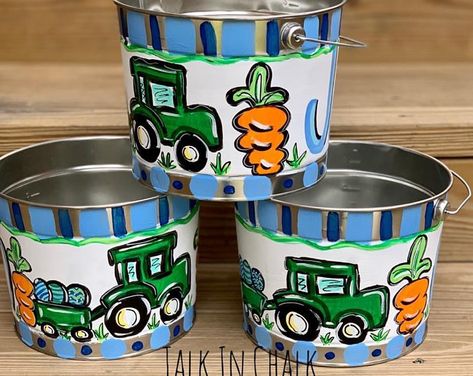 Sports Easter Basket, Painted Easter Baskets, Painted Buckets, Easter Pail, Tractor Decor, Personalized Easter Bucket, Creative Easter Baskets, Boys Easter Basket, Metal Buckets