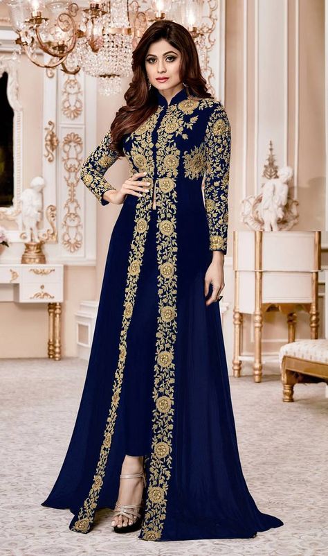 Blue Embroidered Jacket Style Faux Georgette Salwar Suit - Divine International Trading Co - 2690366 Afternoon Dresses, Bollywood Anarkali, Chiffon Dress Vintage, Madeleine Vionnet, Flapper Dresses, Anarkali Dresses, Chiffon Lace Dress, Charles James, Dresses Silk