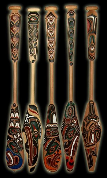 Paddles ~ Artist: Troy Roberts Tribal affiliation: Kwakiutl Description: Young Kolus - blue beak shows immaturity carved and painted- Red Cedar Raven - carved and painted - Yellow Cedar Thunderbird - carved and painted - Red Cedar Sea Snake- carved and painted - Red Cedar Killer Whale - carved and painted - Red Cedar Arte Haida, Canoe Seats, Canoe Storage, Snake Red, Yellow Cedar, Sea Snake, Pacific Northwest Art, Sports Items, Haida Art