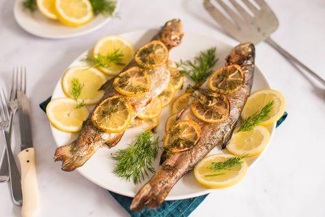 Baked Whole Trout Recipe With Lemon And Dill Whole Trout Recipes, Lake Trout Recipes, Baked Trout, Trout Recipe, Grilled Trout, Traditional Christmas Dinner, Traditional Christmas Food, Trout Recipes, Clam Recipes