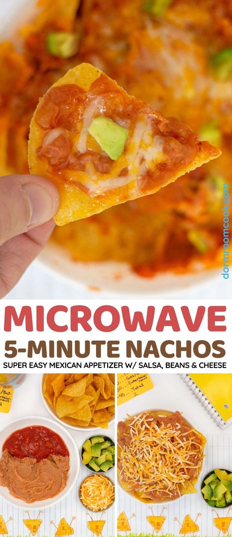 Microwave Nachos, Quick Nachos, Mexican Appetizers Easy, Dorm Recipes, Best Nacho Recipe, Easy Microwave Recipes, How To Make Nachos, Cooking Avocado, Canning Refried Beans