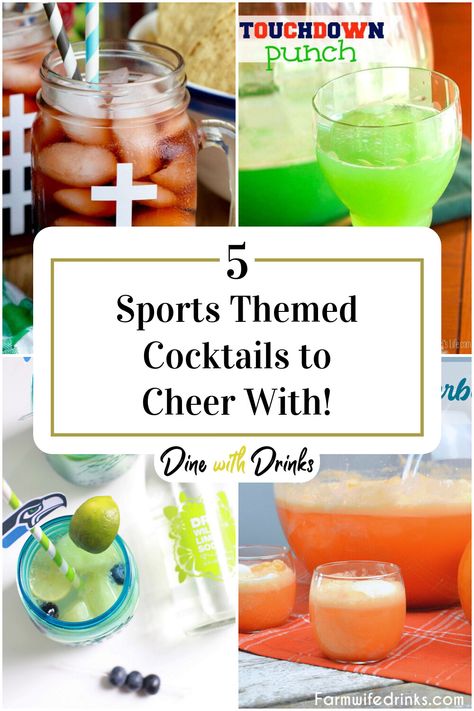 Collage of 4 sports themed cocktails. Football Themed Alcoholic Drinks, Football Alcoholic Drinks, Game Day Drinks Football, Game Day Cocktails Football Season, Football Themed Cocktails, Baseball Themed Drinks, Football Cocktail Recipes, Football Drinks Cocktails, Baseball Themed Cocktails