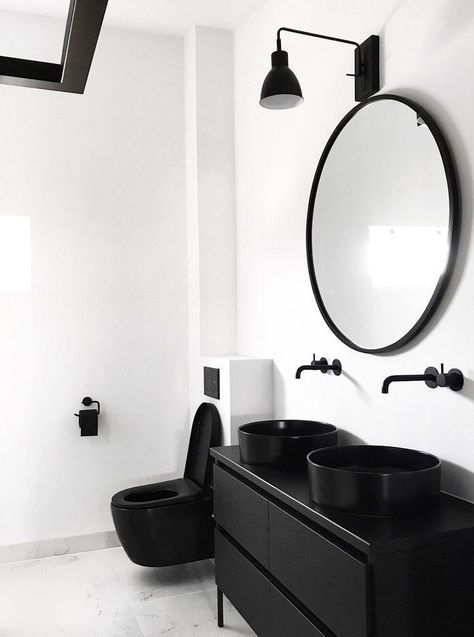 15 Decor Pictures That Show You Can Never Go Wrong With More Black.  Black is all about attitude, being bold, taking risks, and not caring about what people think (as long as you make it look cool).  Black decor ideas to give your house that dark goth vibe this fall and Halloween season. Black Bathroom Taps, Monochrome Bathroom, Black And White Bathroom, Bad Inspiration, Interior Minimalista, Bathroom Taps, Minimalist Bathroom, Black Bathroom, White Bathroom