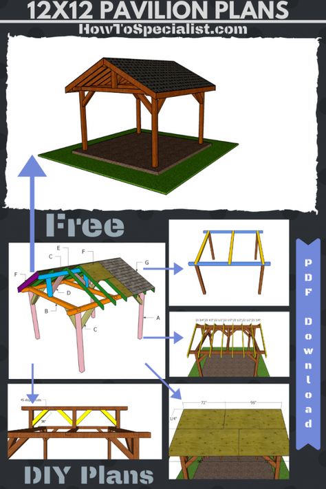 12x12 Outdoor Pavilion - Free DIY Plans | HowToSpecialist - How to Build, Step by Step DIY Plans Diy Outdoor Pavilion, Diy Pavillion, Diy Outdoor Gazebo, Deck Gazebo, Pool Plans, Screen Porches, Pavilion Plans, Diy Gazebo, Yard Diy