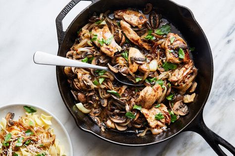 Skillet Chicken With Mushrooms and Caramelized Onions Recipe - NYT Cooking Skillet Chicken With Mushrooms And Caramelized Onions, Chicken With Mushrooms, Caramelized Onions Recipe, Chicken Mushrooms, School Dinners, Buttered Noodles, Simple Green Salad, One Pot Dinner, Nyt Cooking