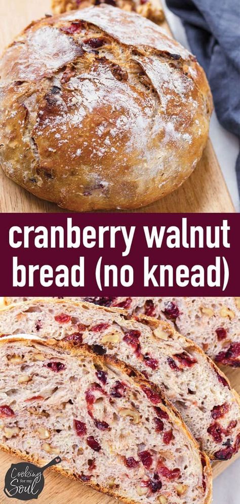 Cranberry Walnut Bread! This easy and delicious no knead cranberry bread is a great holiday bread baking recipe. The cranberry walnut bread comes out perfectly crusty outside and full of nuts and cranberries inside. So good! #cookingformysoul Cranberry Honey, Walnut Bread Recipe, Cranberry Walnut Bread, Cranberry Bread Recipes, Homemade Bakery, Dutch Oven Bread, Holiday Bread, Honey Walnut, Walnut Bread