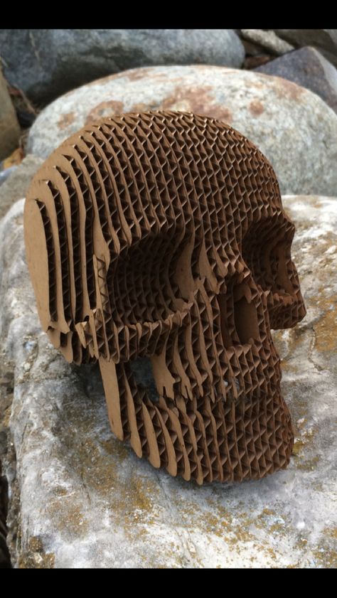 Laser cut cardboard skull Cardboard Skull, Cardboard Art Sculpture, Skull Template, Refresh Home, Cardboard Recycling, Stitching On Paper, Cardboard Model, Recycled Art Projects, Cardboard Box Crafts