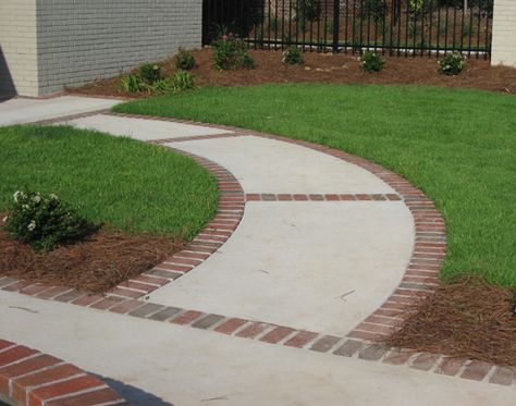 sidewalk Sidewalk Landscaping, Front Yard Walkway, Brick Sidewalk, Brick Driveway, Brick Edging, Cement Patio, Walkway Landscaping, Concrete Walkway, Brick Walkway