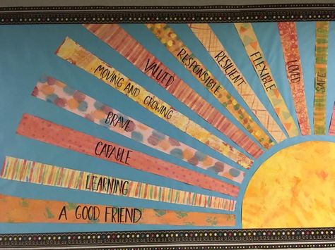 Sun Bulletin Boards, Nurture Room, Sunshine Classroom, Pto Bulletin Board, Boarders For Bulletin Boards, Pe Bulletin Boards, Hallway Bulletin Boards, Rainbow Bulletin Boards, School Counselor Office Decor