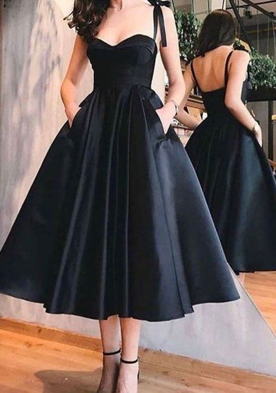 757f843a169cc678064d9530d12a1881desc44849136ri Tea Length Evening Gown, Short Formal Black Dress, Black Dress For Graduation, Black Velvet Dress Outfit, Formal Dress Graduation, Black Tea Length Dress, Velvet Homecoming Dress, Tea Length Prom Dress, Black Prom Dress Short