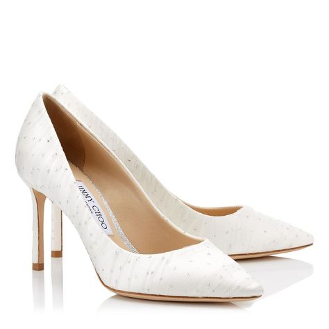 Jimmy Choo | White / Silver Satin Pointy With Glitter Polka Dots & Clo Jimmy Choo Romy 100, Jimmy Choo Gold, Jimmy Choo Romy, Pointy Pumps, Jimmy Choo Heels, Polka Dot Wedding, White Tulle, White Pumps, White Heels