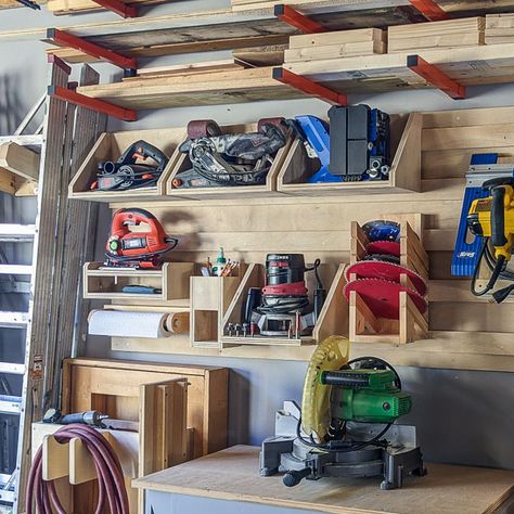 DIY French Cleat Tool Storage Wall | Saws on Skates® Indoor Tool Storage Ideas, French Cleat Wall Tool Storage, French Cleat Wall System, Diy French Cleat Wall, French Cleat Storage Ideas, Power Tool Storage Diy, Diy Workshop Storage, Diy French Cleat, French Cleat Tool Storage