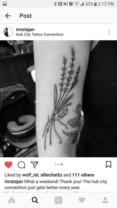 Flower And Crystal Tattoo, Lavender Bundle Tattoo, Crystal Tattoos, Tattoo Crystal, Herb Tattoo, Flower Leg Tattoos, Crystal Tattoo, Lavender Tattoo, Tattoo Time