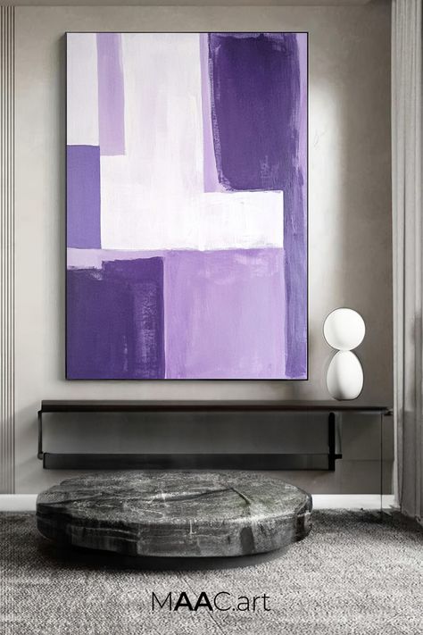 Original handmade abstract painting with geometric shapes in shades of purple and white on canvas Purple Abstract Painting, Purple Wall Art, Purple Wall, Purple Decor, Purple Walls, Purple Abstract, Purple And White, Modern Artwork, Shades Of Purple