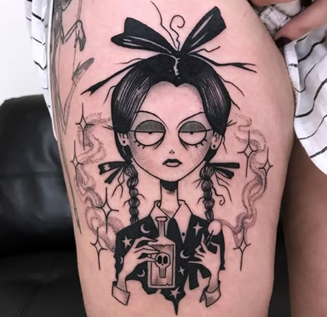 Wednesday Addams Inspired Tattoo, Simple Wednesday Addams Tattoo, Wednesday And Pugsley Tattoo, Wensday Adams Tattoo Design, Wendsday Adams Tattoo Ideas, The Craft Movie Tattoo Ideas, Wednesday Addams Tattoo Design, Wednesday Adam’s Tattoo, Merlina Adams Tattoo