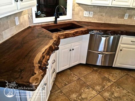 Little Branch Farms Rustic real wood Countertop. I Want!! Outdoor Kitchen Countertops, Wooden Counter, Wood Counter, Wood Countertops, Live Edge Wood, Counter Tops, Wood Kitchen, White Cabinets, Counter Top