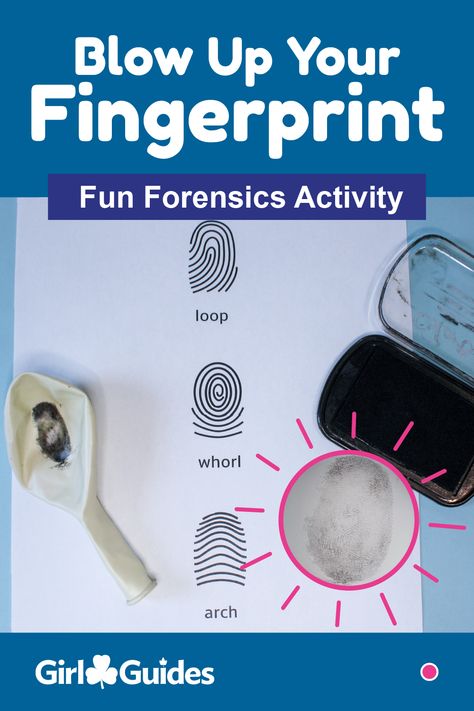 Get to know fingerprints! Kids will stamp their fingerprint on a balloon and then blow it up to get a closer look and compare their fingerprint to a friend’s. Promise And Law Activities, Fingerprint Science Experiment, Fingerprint Activities For Kids, Girl Guides Activities, Sparks Activities, Fingerprint Activities, Fingerprint Activity, Fingerprint Balloons, Dna Activities