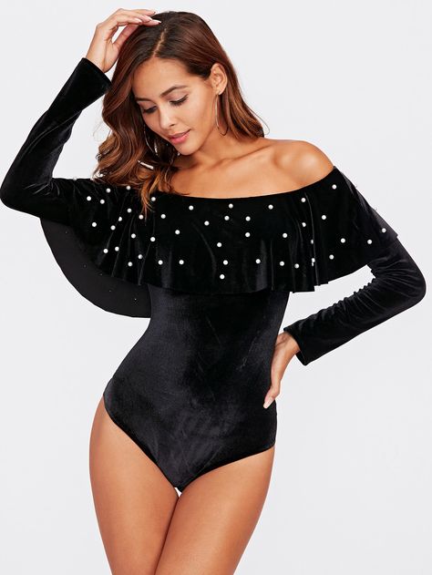 Embellished Bodysuit, Pearl Beading, Velvet Bodysuit, Plain Tees, Fashion Tights, Womens Bodysuit, Black Bodysuit, Ruffle Hem, Jumpsuits For Women