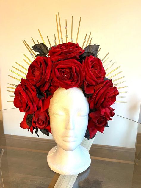 Large Sunburst Red Rose Headdress | Etsy Rose Headdress, Rose Headpiece, Day Of The Dead Party, Womens Costumes, Magic Eyes, Eyes On The Prize, Head Wear, Crown Design, Jewelry Fashion Trends